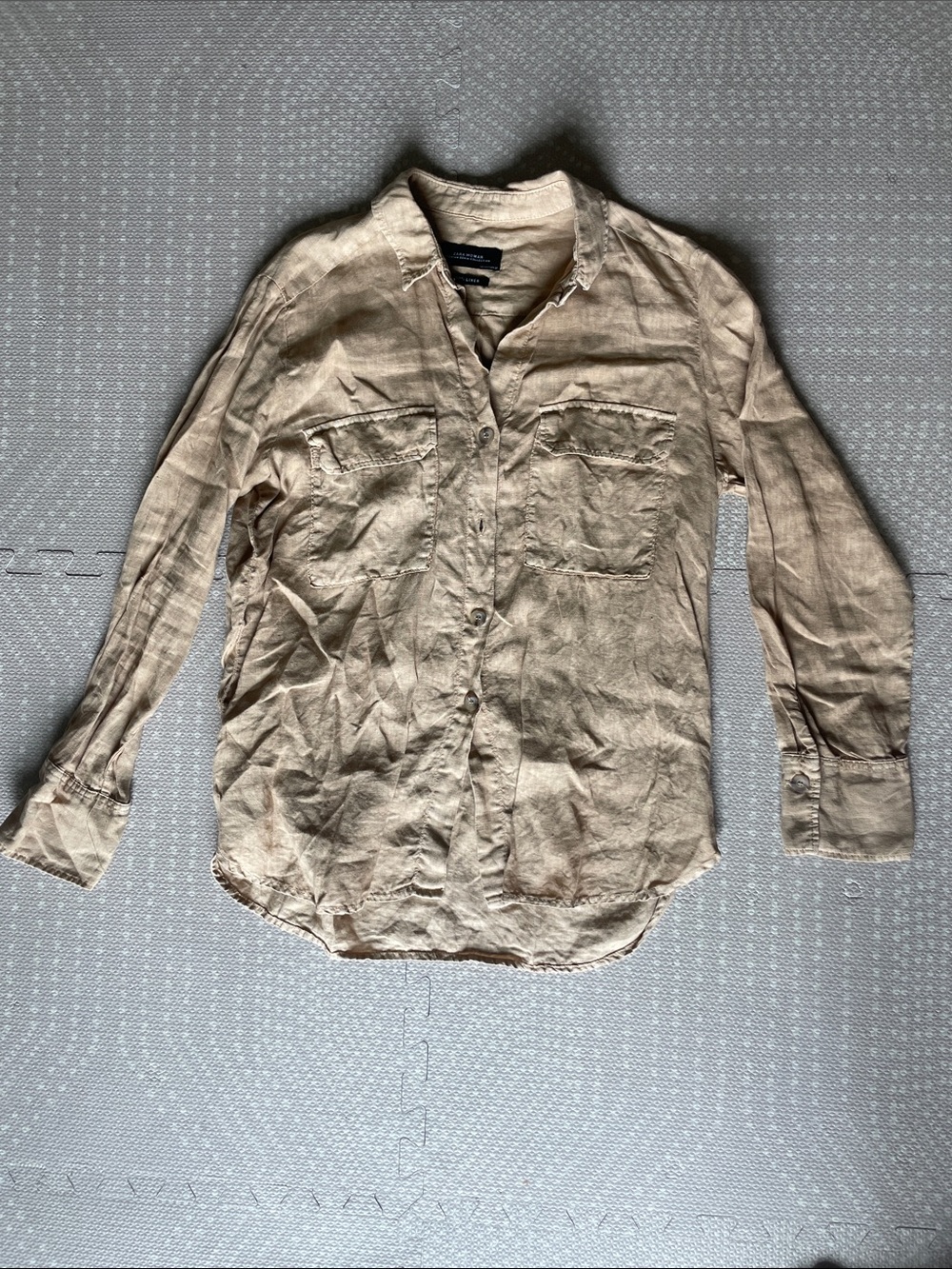 Zara 100% Linen Button Down Long Sleeve Tan